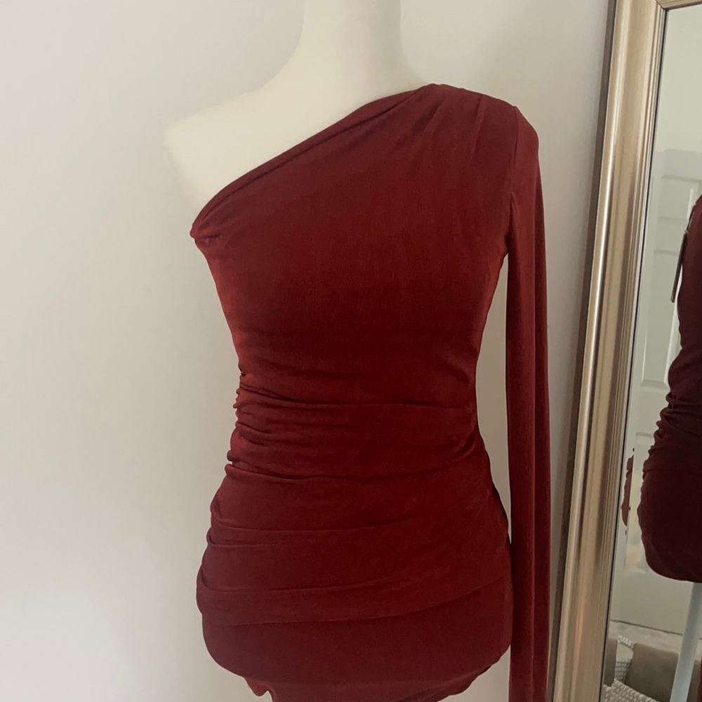 Alix NYC Dark Red Ruched One Sleeve Mini Dress